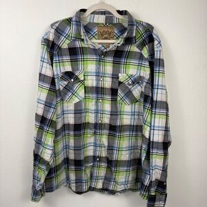 Red Camel Mens XXL Western Pearl Snap Shirt Plaid Lime Green Blue Long Sleeve